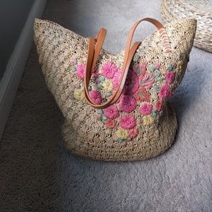 Lucky Brand Floral Straw/Leather Tote